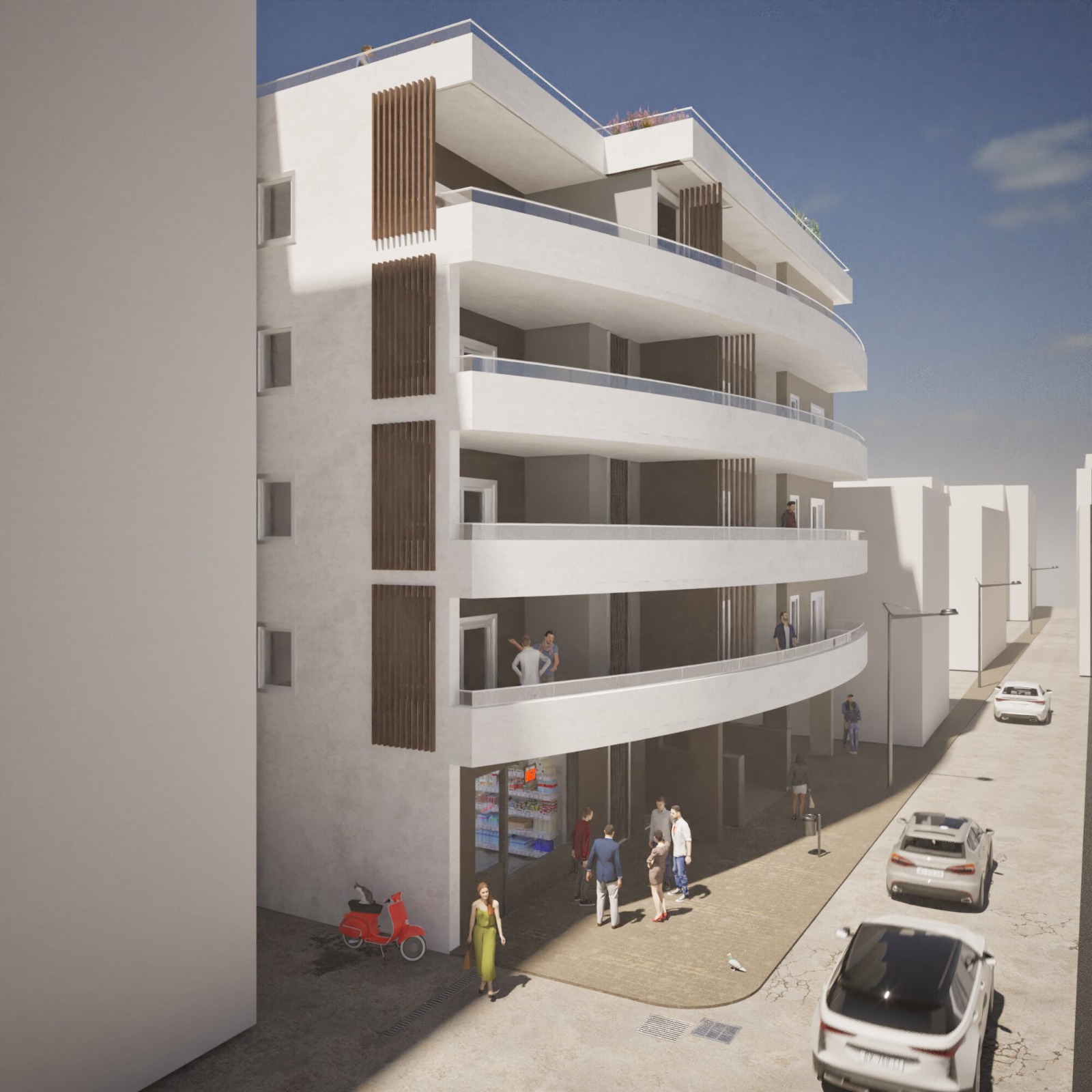 Prospetto laterale del Condominio Aurora con balconate curve e attività commerciali al piano terra