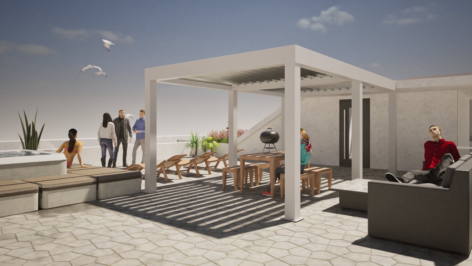 Terrazza condominiale attrezzata del Condominio Aurora con gazebo, area pranzo e zona relax